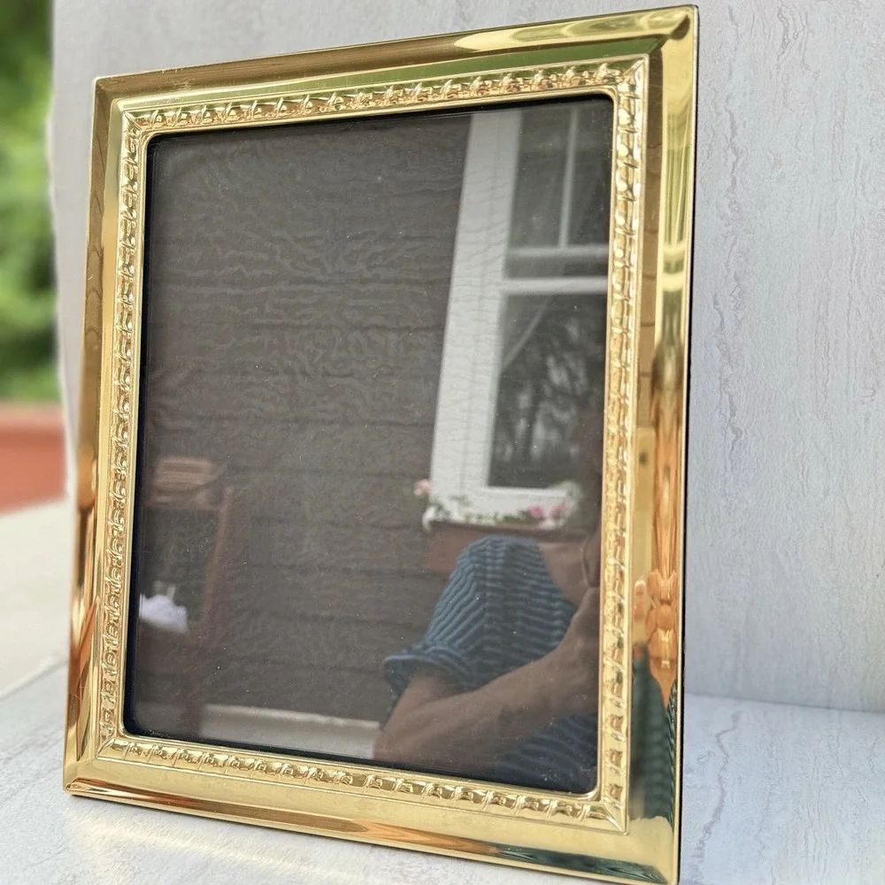 Vtg Solid Brass Picture Frame Geometric Border Easel Back 8x10 Photo #6627